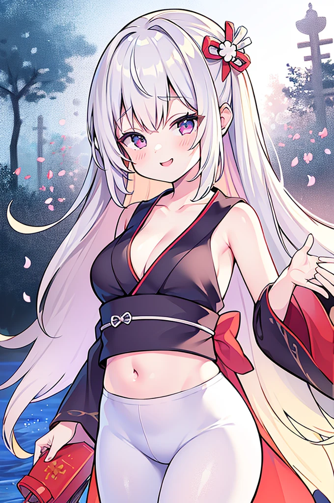 Cute  girl belly punch in the corner of the ring,((masterpiece)),long hair,beautiful white skin、 ((charming))、happy smile、perfect proportions, cute woman, baby face, BREAK source_anime, high detail, looking at viewer,POV, large , best quality, highly detailed, young face, white background,Droopy eyes,relaxed face,she attacks,twin tale hair, Top Quality Anime Illustration, Super Detail, One Girl, Solo, Beautiful Girl with Silver Hair, Anime , Light Color Peach-colored kimono, Super Short kimono, Sleeveless, Smile,  Lateral Breast,Cleavage Emphasis, japanese style，pantyhose