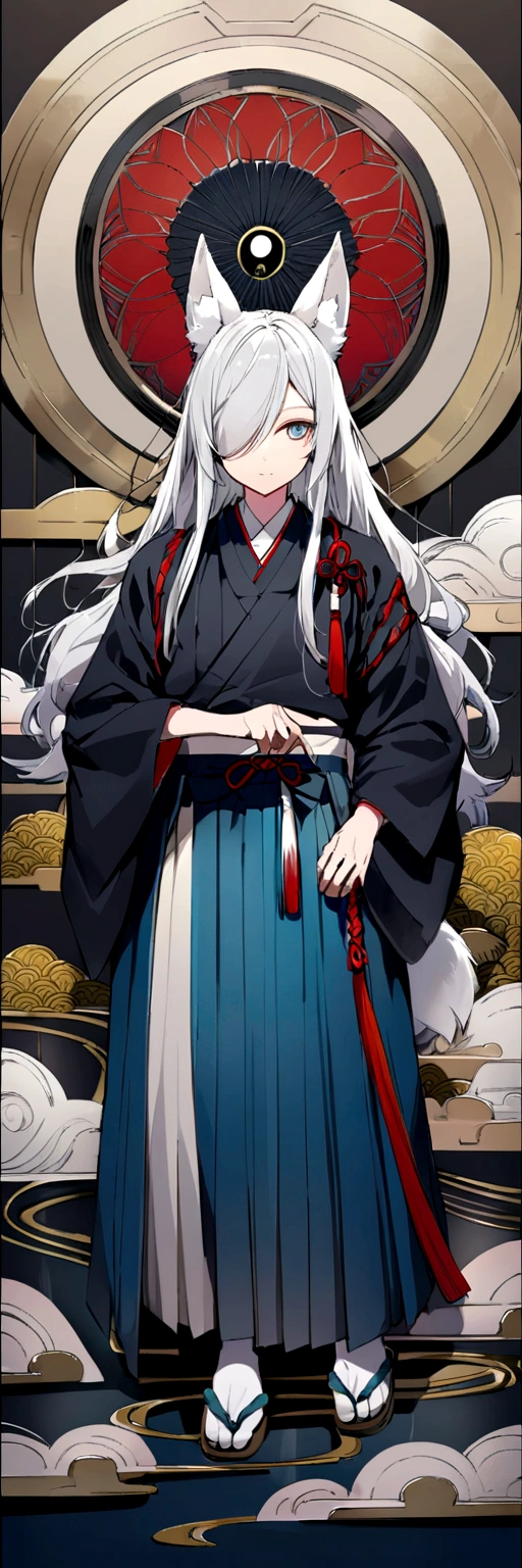 male、youth、Fox、Animal Ears、Silver Hair、Long Hair、One knot、One-eyed、Japanese style、light blue、Hakama