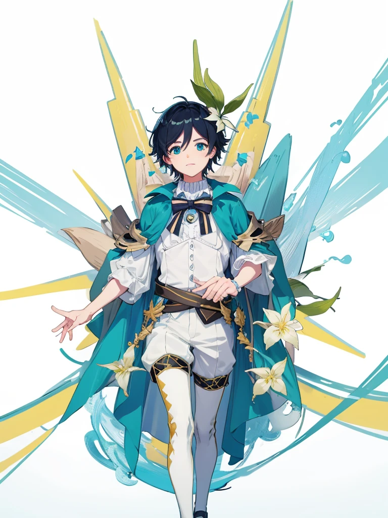 Venti genshi impact flat colors card cover blue colors golden frame boy with a book in his hands stars and elements like white flowers around