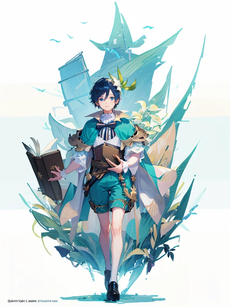 Venti genshi impact flat colors card cover blue colors golden frame boy with a book in his hands stars and elements like white flowers around