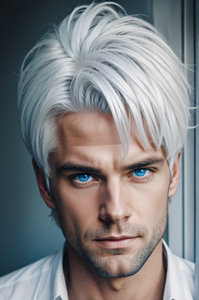 white haired man blue eyes