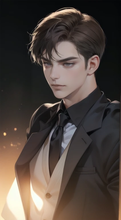 masterpiece, best quality, realistic, 1man, mature male, quiet and charming young man, 25 years old, closed eyes, serious look, extremely detailed face, smirk, (dark grey eyes), (short-right-swept dark brown hair), [thick eyebrows], detective, black background, (suit), cinematic lighting