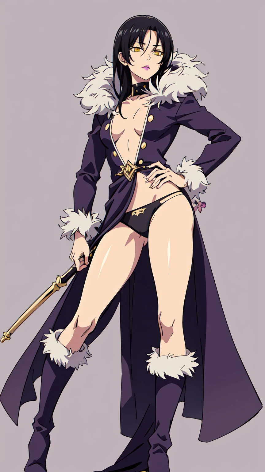 Black hair, yellow eyes, purple outfit, fur collar, white boots, standing pose, Merlin, pink lips, underwear,