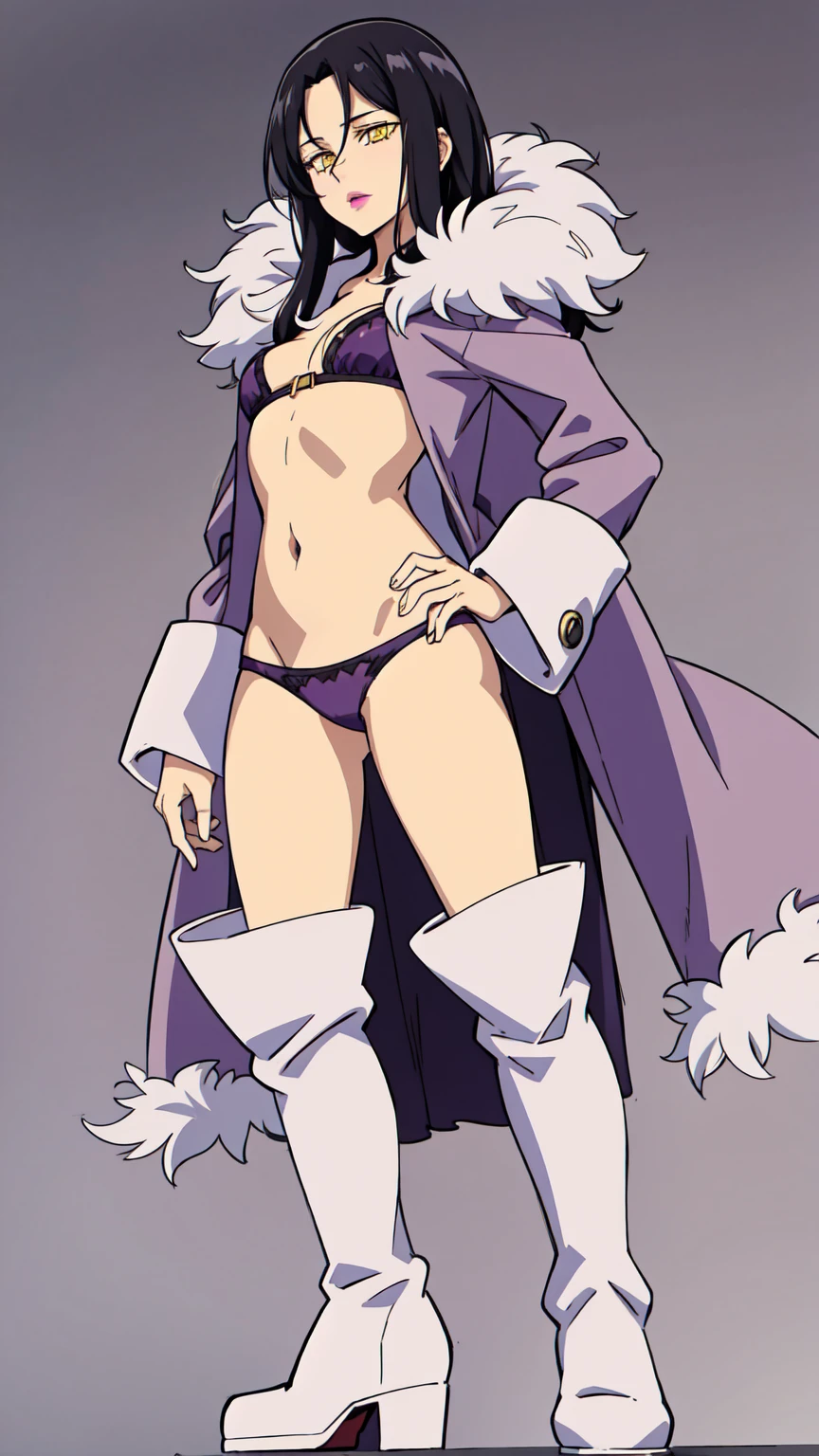 Black hair, yellow eyes, purple outfit, fur collar, white boots, standing pose, Merlin, pink lips, underwear,