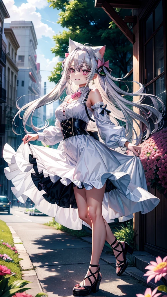 Silver hair, pink eyes, body, cat ears, sexy girl, earrings, flower sky background, green uniform, hair bows, happy face, full body