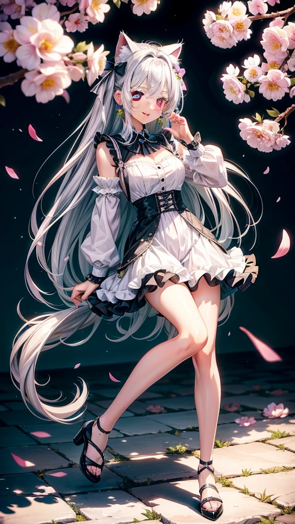 Silver hair, pink eyes, body, cat ears, sexy girl, earrings, flower sky background, green uniform, hair bows, happy face, full body