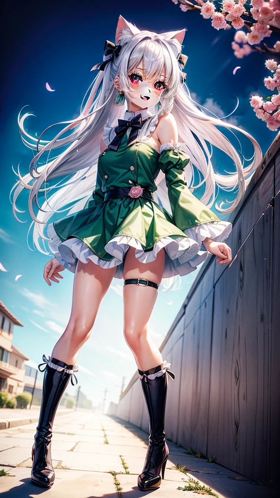 Silver hair, pink eyes, body, cat ears, , earrings, flower sky background, green uniform, hair bows, happy face, full body
