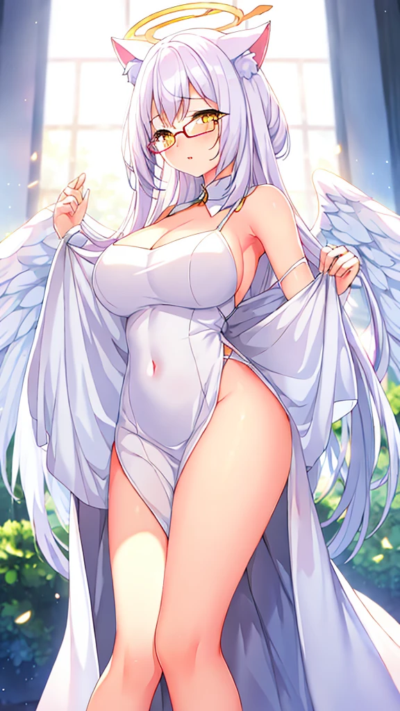 An 18 year old female angel with long, white hair, yellow eyes, white cat ears, and large white angel wings. yellow halo ring round white glasses (White evening dress, sexy long skirt) hand touching lips, standing