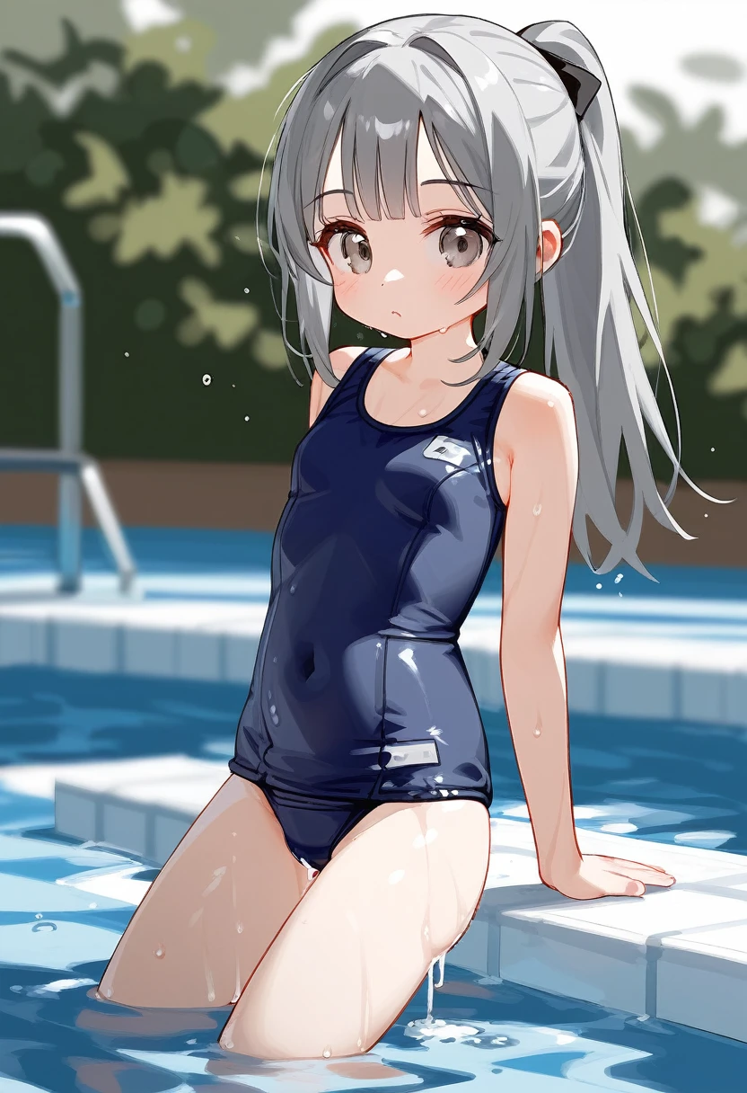 Gray Hair, School Swimsuit, ponytail, Dripping Water, girl, cute