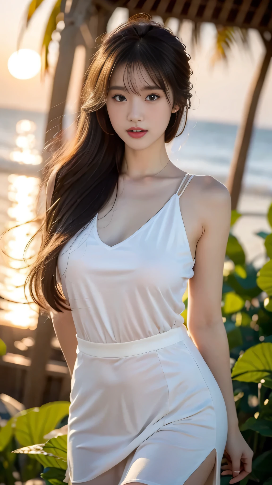 Ultra-detailed 8K photos of Japanese gravure models,Shoulder-length wavy hair and striking hazel eyes. She strikes a seductive pose on a tropical beach, dress chicly, Vest, mini skirt, The afterglow of the setting sun casts a warm light on her, when she naughtily, Looking at the camera, Surrounded by peaceful and beautiful ocean and palm trees