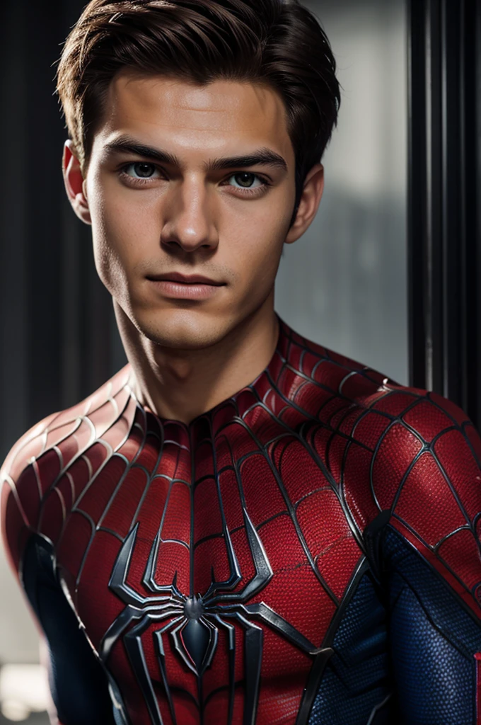 A photograph of spider man, no mask, 20 yo, handsome, detailed face, looking at camera, portrait, 8k uhd, high quality