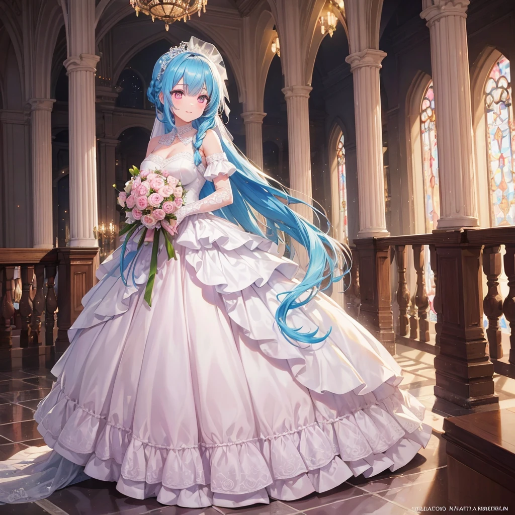 sky Blue hair, (braided ponytail),(pink eyes),fair skin ,(full body),(1 girl),bride,soro,smile,Straight Bangs, June Bride,Wedding dress,(masterpiece, best quality, ultra-detailed, best shadow), (detailed background), (beautiful detailed face), high contrast, (best illumination, an extremely delicate and beautiful), ((cinematic light)), colorful, hyper detail, dramatic light, intricate details,Wedding hall,