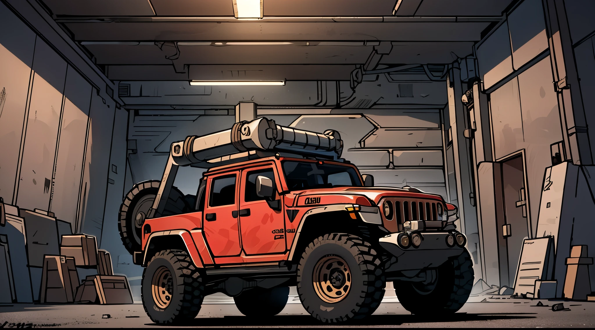 ((Best Quality)), ((masterpiece)), Highly detailed, 8K, heavily armored red 6x6 heavy pickup truck 1970 Jeep Gladiator, must have 6-wheels, bulky boxy form, red dirty matte paint, large square headlights, boxy angles, boxy 80s design, square headlights, (peterbilt influence:0.7), bright showroom, plain mesa background, cel-shaded, line art, bold black outlines, comic style, inkpunk, bright photoshoot lighting, ((isometric symmetry:1.2))