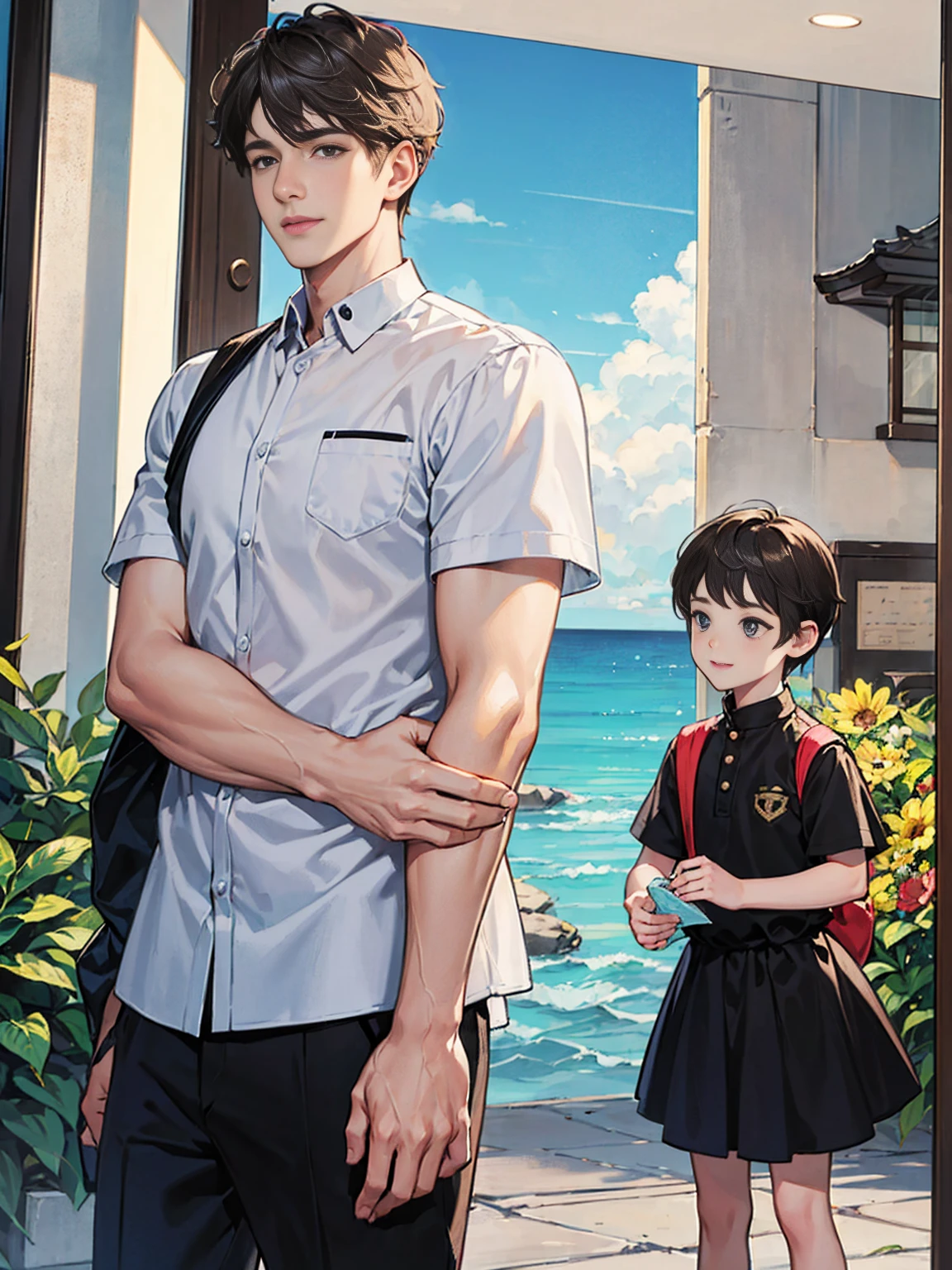 (((masterpiece))), ((Highest quality)), ((Super detailed)), (CG illustration), Happy parent-child scene。The resurrected form of Emperor Constantine and the twins Crispus and Fausta.、Father and son landscape。「Varna, Bulgaria、Under the clear blue sky、A summer evening where a stylish modern mansion shines。As the bright sunlight envelopes the sea and the mansion、A young father in his 30s hugs his twin sons tightly and warmly on his way home from work。The father&#39;s face was filled with deep love and forgiveness.、I can see the look of relief on his face, having overcome his past mistakes.。The children have innocent, naive smiles、He buried his face in his father&#39;s shoulder and looked relieved.。Light and shadow gently intersect、A scene that creates a warm and moving atmosphere overall.。」Love。Love, forgiveness, healing and purification。Detailed and delicate。lyrical。Heartful