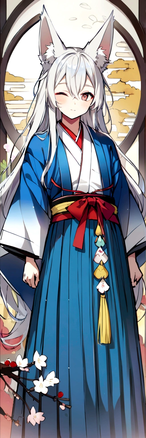 male、youth、Fox、Animal Ears、Silver Hair、Long Hair、One knot、One-eyed、Japanese style、light blue、Hakama、bow