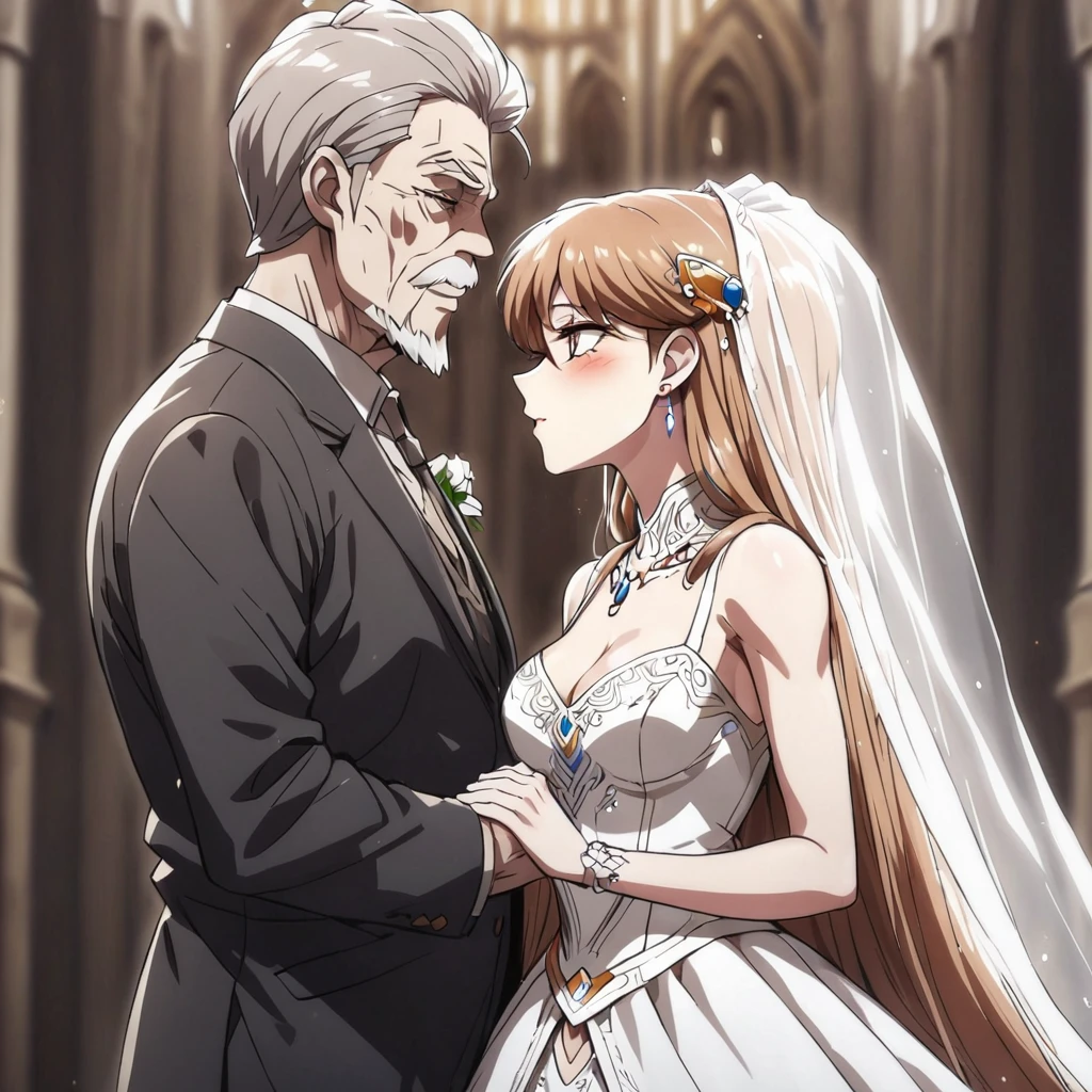 ((Highest quality)), ((masterpiece)), (detailed), (Perfect Face)、The woman is Princess Leona, a strong, dignified, and powerful old man who is a villain, and they embrace each other, kissing as they get married. She has medium-long light brown hair, and is wearing a gorgeous, glittering, and jeweled wedding dress and wedding veil. They are holding hands and kissing as they get married in a gorgeous church with the strong, dignified, and powerful old man who is a villain, the general.、The woman has medium-long hair, is brainwashed, has no expression, and has no highlights in her eyes.