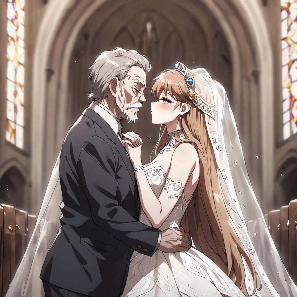 ((Highest quality)), ((masterpiece)), (detailed), （Perfect Face）、The woman is Princess Leona, a strong, dignified, and powerful old man who is a villain, and they embrace each other, kissing as they get married. She has medium-long light brown hair, and is wearing a gorgeous, glittering, and jeweled wedding dress and wedding veil. They are holding hands and kissing as they get married in a gorgeous church with the strong, dignified, and powerful old man who is a villain, the general.、The woman has medium-long hair, is brainwashed, has no expression, and has no highlights in her eyes.