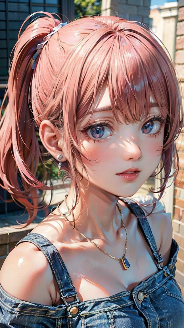(Masterpiece, BestQuality:1.3), (ultra detailed:1.2), (hyperrealistic:1.3), (RAW photo:1.2), High detail RAW color photo, professional photograph, (Photorealistic:1.4), (realistic:1.4), professional lighting, perfect anatomy, (Big Breasts:1.2), (blush, detailed face), (A happy smile:1.7), Trending Hair&Trending Hairカラーをランダムに, earrings, necklace, bracelet, sexly, erotic sexly, Random sexy gravure poses, (A woman wearing a pink crop top and denim shorts、ビーチバレーをしながらA happy smileでセクシーなグラビアポーズをとっている。Pink hair ponytail swinging。:1.3)