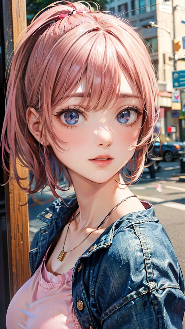 (Masterpiece, BestQuality:1.3), (ultra detailed:1.2), (hyperrealistic:1.3), (RAW photo:1.2), High detail RAW color photo, professional photograph, (Photorealistic:1.4), (realistic:1.4), professional lighting, perfect anatomy, (Big Breasts:1.2), (blush, detailed face), (A happy smile:1.7), Trending Hair&Trending Hairカラーをランダムに, earrings, necklace, bracelet, sexly, erotic sexly, Random sexy gravure poses, (A woman wearing a pink crop top and denim shorts、ビーチバレーをしながらA happy smileでセクシーなグラビアポーズをとっている。Pink hair ponytail swinging。:1.3)