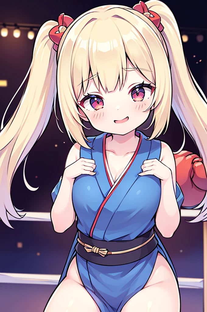 Cute girl belly punch in the corner of the ring,((masterpiece)),long hair,beautiful white skin、 ((charming))、happy smile、perfect proportions, cute woman, baby face, BREAK source_anime, high detail, looking at viewer,POV, large chest, best quality, highly detailed, young face, white background,Droopy eyes,relaxed face,she attacks,twin tale hair, Top Quality Anime Illustration, Super Detail, One Girl, Solo, Beautiful Girl with Silver Hair, Anime , Light Color Peach-colored kimono, Super Short kimono, Sleeveless, Smile, Bare Skin Lateral Breast,Cleavage Emphasis, japanese style,(((Kickboxing)))、(((Mixed wrestling))),