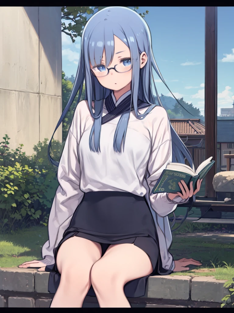 Create an anime-style illustration of a 17-year-old girl named Shizuka. She has long, straight, blue hair with bangs cut straight across her forehead. She has large, almond-shaped silver-blue eyes and porcelain-like white skin. Shizuka often wears glasses. Her outfit consists of a loose sweater paired with a skirt, knee-high socks, and loafers. Shizuka is an introverted, quiet girl who prefers to spend her time alone in peaceful places, reading books or drawing. She has no accessories. The background should be a tranquil suburban setting, highlighting her serene and introspective nature.
