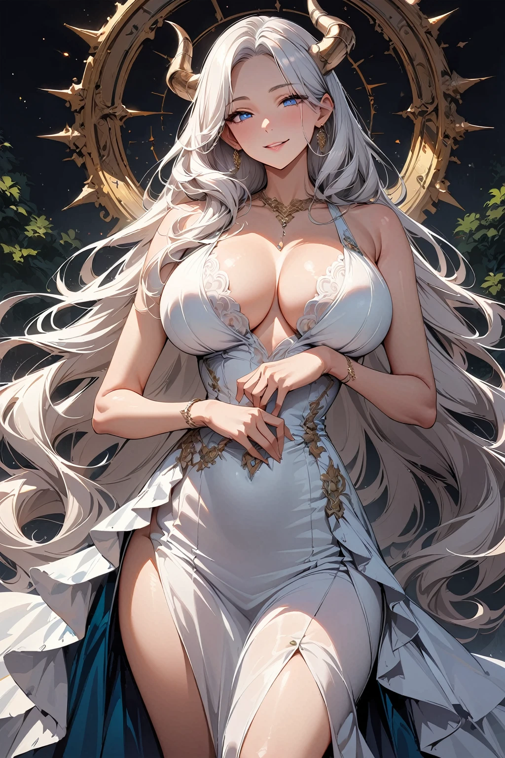 Masterpiece, Super high-quality computer graphics, Best quality, perfect image, beautiful eye details, very detailed, ultra detailed, one, (1 woman), She is in a white detailed dress, in an elegant pose, super mature, tall, mom, mature mother, super long hair, snow-white hair and bangs on the sides, white demonic horns, beautiful, charming, blue eyes (bright), glowing eyes, neon eyes, elegant, big breasts (huge), kind smile, charming, dark background, daring atmosphere against the clouds and forest.