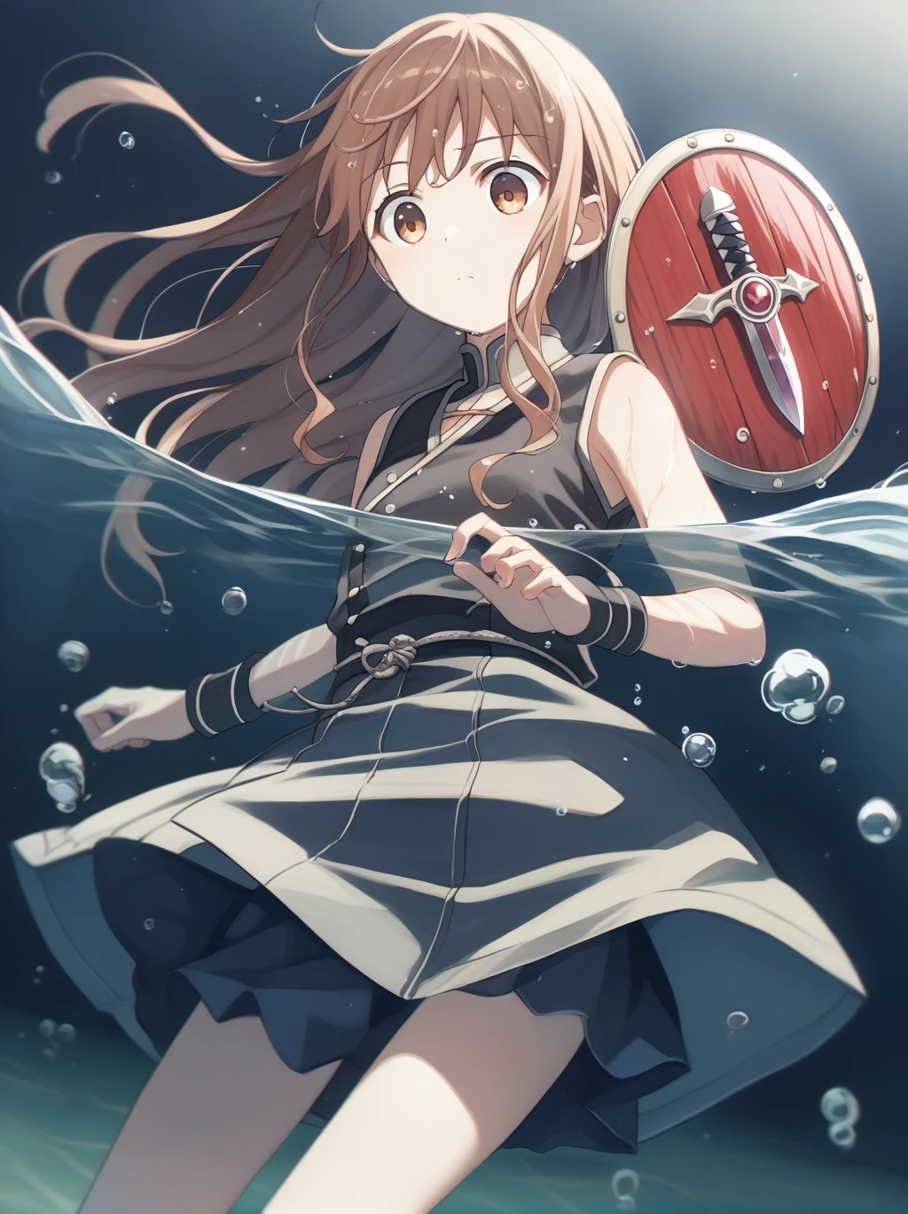 score_9, score_8_superior, score_7_superior, score_6_superior, sauce_anime, Partially underwater,
One girl, Long Hair, Brown Hair, Wet Hair,
Dark Background, Blurred Edges,8-year-old、Adventurer、Flat Chest、Pitch-dark underground labyrinth、No light、skirt、Equipped with a dagger and a shield、水面よりsuperiorの顔、Body in water, Underwater Photography、浮力でskirt捲れる