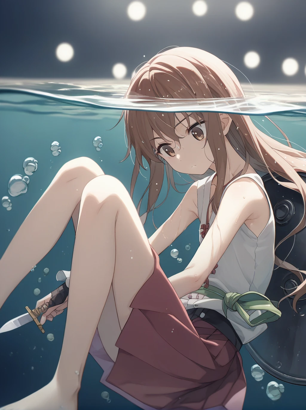 score_9, score_8_superior, score_7_superior, score_6_superior, sauce_anime, Partially underwater, 
One girl, Long Hair, Brown Hair, Wet Hair,
Dark Background, Blurred Edges,8-year-old、Adventurer、Flat Chest、Pitch-dark underground labyrinth、No light、skirt、Equipped with a dagger and a shield、水面よりsuperiorの顔、Body in water, Underwater Photography、浮力でskirt捲れる