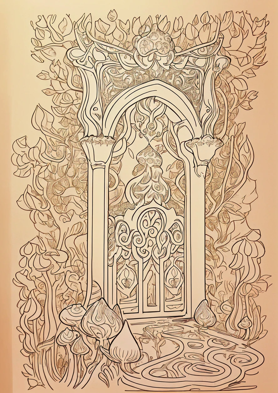 Intricate line art of a magical forest entrance, ornate gateway, glowing mushrooms, black and white illustration, coloring book style, whit background, detailed pen drawing, high contrast, clean lines, suitable for coloring, no shading, vector-like, easy to color