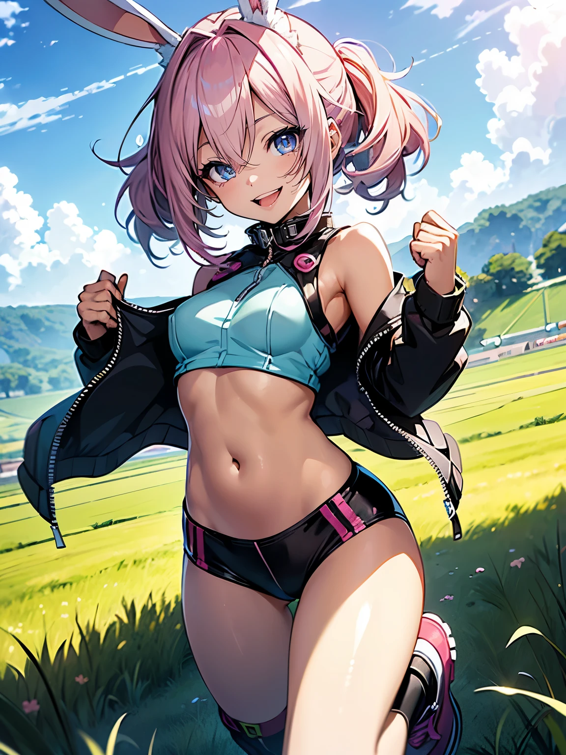 ((Seductive Anime Girl:1.3, solo:1.5))、((age girl:1.2))、((fusion of rabbit and girl:1.4))、((Running:1.3, ))、((happy smile:1.3))、energetic、((pink color, leather clothes))、((Being in grassland:1.3)), erect nipples、((open clothes:1.2))、((crop top navel:1.2))、((small breasts))、((sleeveless:1.2))、((Glossy realistic skin texture))、full body、masterpiece, ultra-detailliert, 8k, hiquality, Top image quality, digitial illustration, Smooth texture