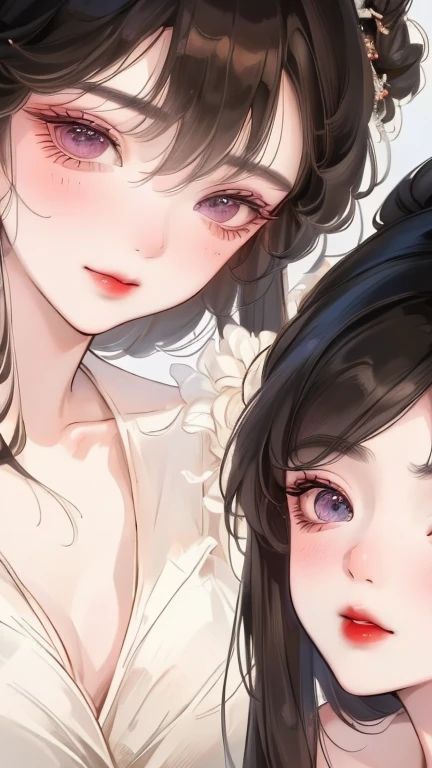 , Masterpiece, top quality, highly detailed,two beautiful girls,
young beautiful mature lesbian couple,
((Completely naked)), and excited by masturbation,
sweaty bare skin,
touching own nipples,
The two of them put their faces together and shyly smile at the camera, Portrait,
Close-up of their faces,