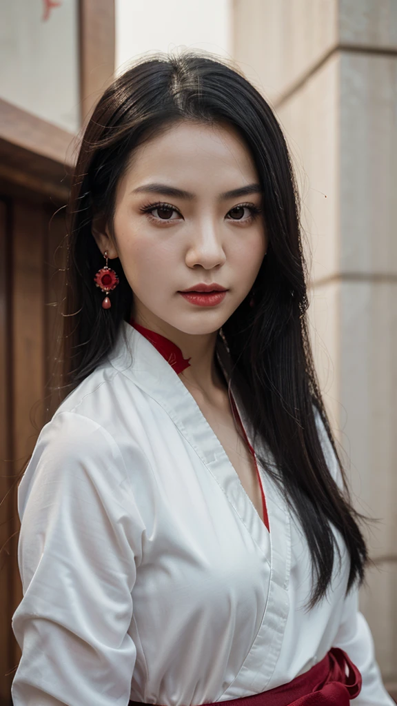 Chinese beauty, natural white skin, sexy top, long black hair and red lipstick, wearing gorgeous Hanfu and dark gray earrings, Chinese martial arts movie style, two hands tied up looking at others behind her, still image, film grain, film light, Fujifilm D55, lens: 50mm f/1.8. --ar 3:4 --style raw --stylize 250 --iw 0.5. sexy.