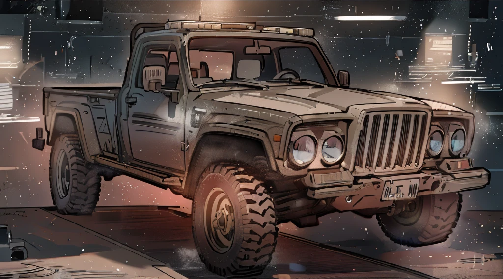 ((Best Quality)), ((masterpiece)), Highly detailed, 8K, heavily armored red 6x6 heavy pickup truck 1970 Jeep Gladiator, must have 6-wheels, bulky boxy form, red dirty matte paint, large square headlights, boxy angles, boxy 80s design, square headlights, (peterbilt influence:0.7), bright showroom, plain mesa background, cel-shaded, line art, bold black outlines, comic style, inkpunk, bright photoshoot lighting, ((isometric symmetry:1.2))