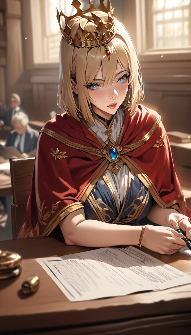 (Masterpiece: 1.2, Best Quality), Realistic, (Realistic Picture, Complex Details, Depth of Field), Best Quality, Masterpiece, Highly Detailed, Semi Realistic, 1 Girl, Mature Female, 21 Years Old, Blond Short Hair, Left Eye Covered with Hair, Blue Eyes, King's Clothes, Red Cloak, Slim Figure, Crown Made of Precious Gold, Reading and Marking Documents, Goose Hair Pen, Office Table, Soft Bench, takeda hiromitsu style