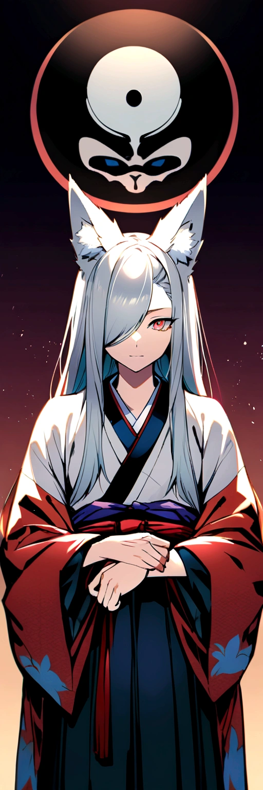 male、youth、Fox、Animal Ears、Silver Hair、Long Hair、One knot、One-eyed、Japanese style、Hakama、bow