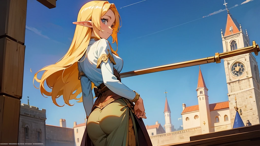 Anime Style,Nostalgic,Detailed background,The medieval world,A lively bar with lots of people,Beautiful sky,A beautiful bard elf girl looking back at me,Protruding buttocks