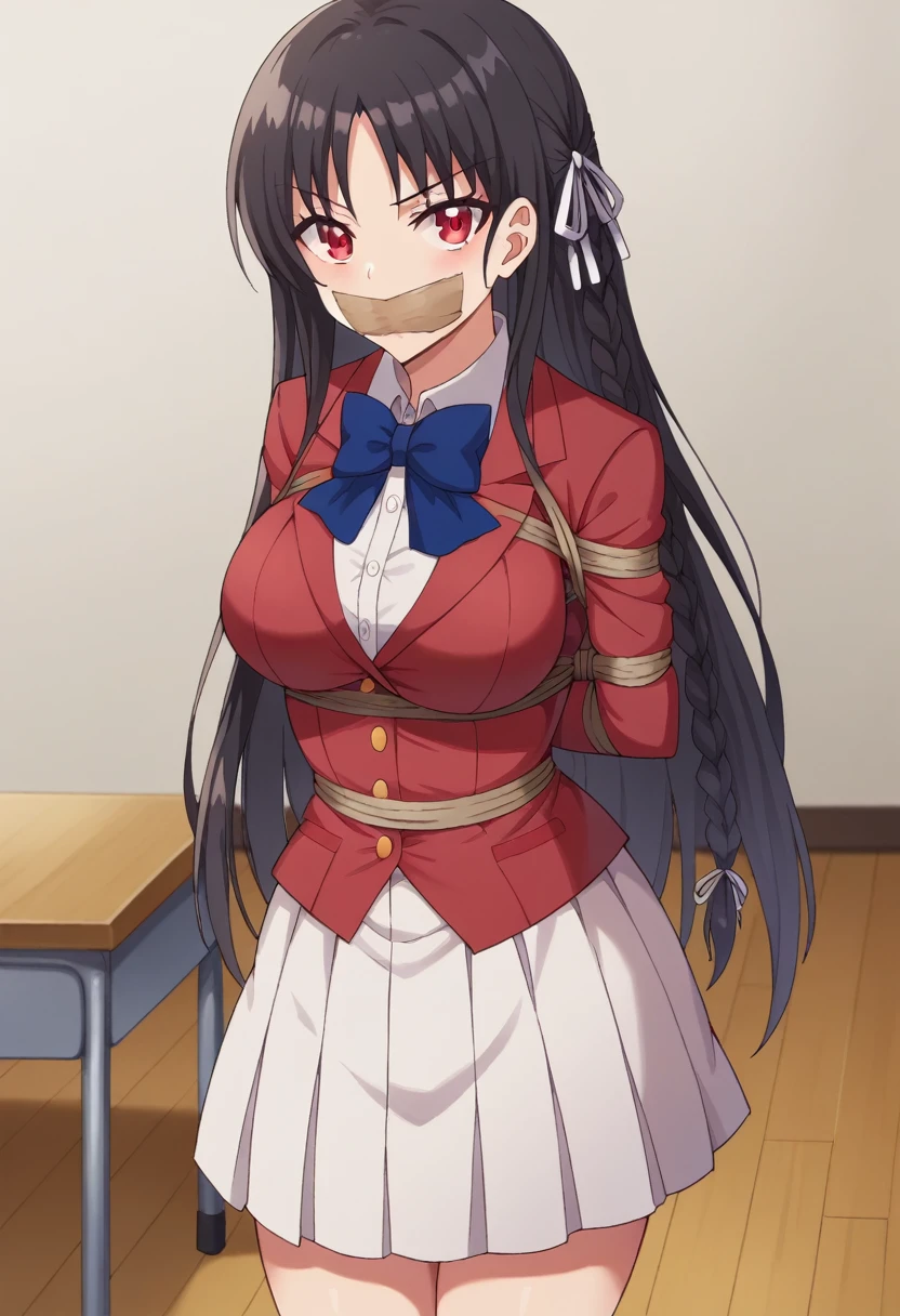suzunehorikita, suzune horikita, long hair, black hair, (red eyes:1.3), hair ribbon, braid,
BREAK bow, , jacket, bowtie, blue bowtie, blazer, (red blazer:1.5), skirt, white skirt,
BREAK indoors, classroom,
BREAK looking at viewer, (cowboy shot:1.5),
BREAK (masterpiece:1.2), best quality, high resolution, unity 8k wallpaper, (illustration:0.8), (beautiful detailed eyes:1.6), extremely detailed face, perfect lighting,shoes, extremely detailed CG, (perfect hands, perfect anatomy),bound with an excessive amount of ropes), (bound wirsts), (arms behind back), (tapegag, tape gag), dramatic, (looking at viewer), (detailed pupils:1.3)
masterpiece, (best quality), perfect eyes, bound, bondage, (arms behind back:1.4), bdsm, tape gag, rope, rope bondage, close-up, restrained,curled up, best anatomy, full body, standing