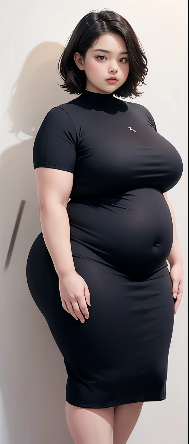 Chubby woman with chubby belly and tight thighs, full body, 14-year-old teen, thick ????, thick neck, thick ?????, big eyes, wearing a longest dress, wavy medium short hair, Height 170 cm , full body , baby face 