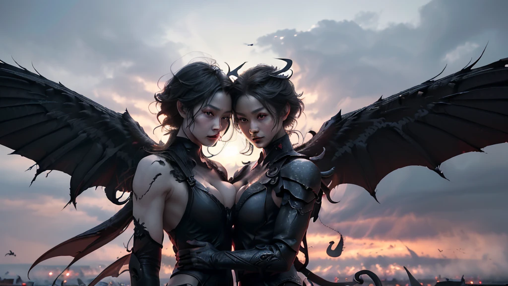 throng, god war, fight, army, The lost god, Angel Wings and Demon Lord Wings, fightบนท้องฟ้าของเทพและมาร, (Realistic picture, high resolutionสุด, 16K), (A demon god with wide wings and enormous power on his shoulders..., Twelve wings on the shoulders., black bat wings:1.white angel wings 3 อัน:1.5), long hair, Thick hair, Two meters long, floor length, (สาวสวยlong hairสองเมตร, shiny black hair, Smooth white skin, very red lips), ((stand, already)), (หน้าอกbig, หัวbig tits), (gigantic breast, small waist, hips raised, small thighs, Long legs), (dynamic poses), Separate theme, (Angel wings and devil wings), floating in the air above the ground, background darkness, Embraced with twelve wings, ปีกSeparate themeชัดเจน, Angel wings and devil wings, white and black wings, ทรงสวมมงกุฏขนาดbig, The busiest breasts, big , Porn, just, exposed body, tight, All smooth., see the whole body, full body image, War of Gods and Demons, angel and devil, Wrestling, strength test, Heaven and Hell, fightมากานิเมะ, white angel wings, black bat wings, White snow and red skyเกิดขึ้นอย่างรวดเร็ว, "(best quality, 4K, 8ก, high resolution, Masterpiece:1.2), very detailed, (realism, fotorrealism, fotorrealism:1.37), angel and devil, Wrestling, strength test, Heaven and Hell, fightมากานิเมะ, Woe to the white angel!, black bat wings, White snow and red sky, [illustration], [dynamic elements], [Fantasy], [fightครั้งยิ่งbig], [strong emotions], [hot atmosphere], [Colossal force], Portrait, terrain, Sharp focus, physical representation, professional, bright colors, Bokeh, Saturated tones, [incredible light]"