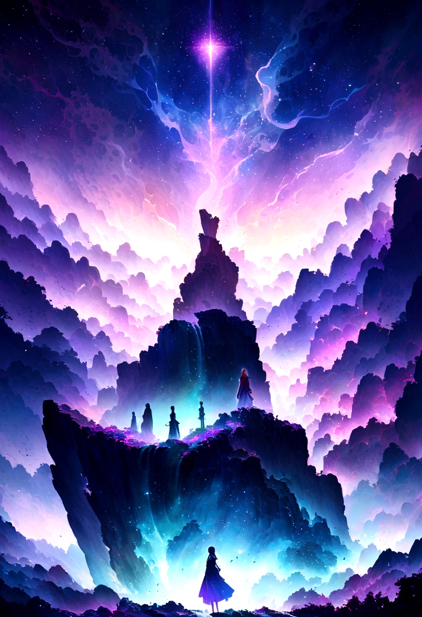 Anime-style illustration of an ethereal and mysterious scene. A young protagonist, with a look of determination and wonder, stands at the edge of a cliff overlooking an endless, starry sky. Ghostly, translucent figures float in the air, representing the intangible nature of dreams and aspirations. Soft, glowing light emanates from the stars and the figures, creating a mystical and serene atmosphere. The overall color palette should be a blend of dark blues, purples, and soft whites, capturing the beauty and enigma of the unknown.