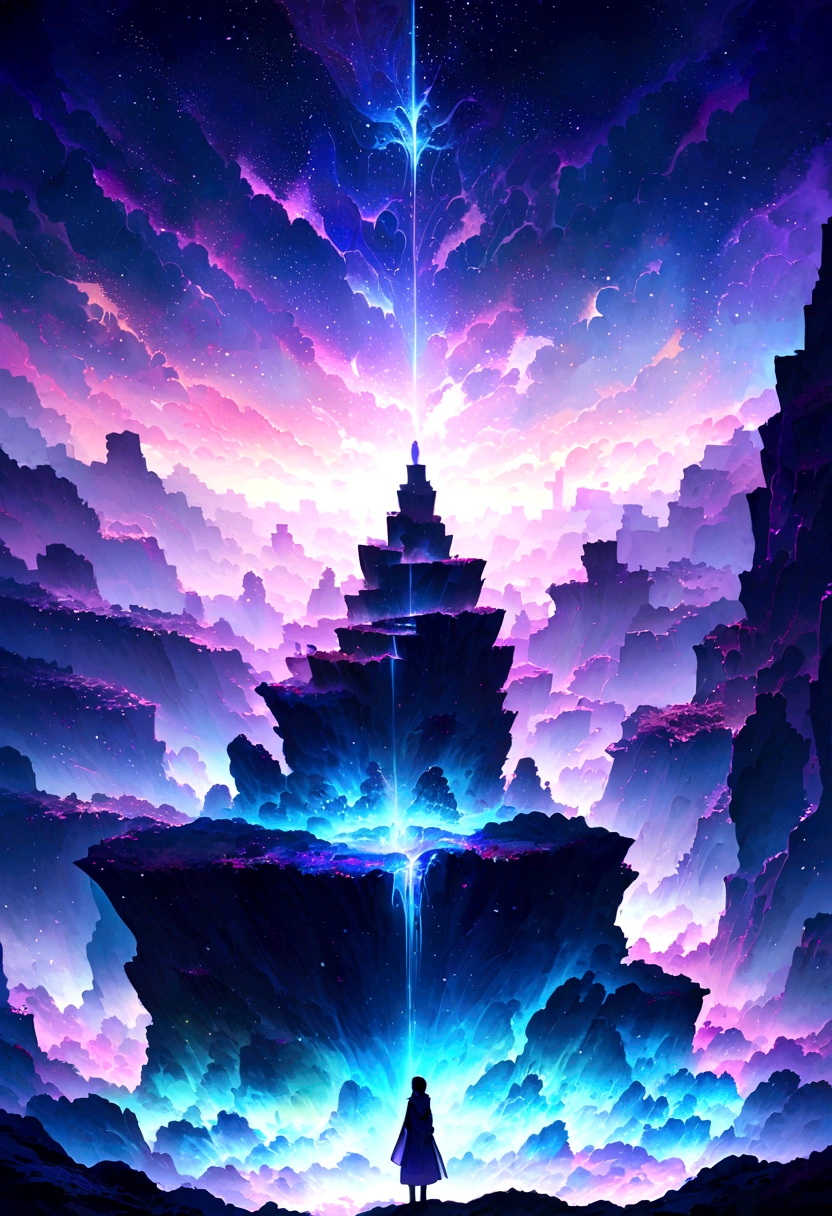 Anime-style illustration of an ethereal and mysterious scene. A young protagonist, with a look of determination and wonder, stands at the edge of a cliff overlooking an endless, starry sky. Ghostly, translucent figures float in the air, representing the intangible nature of dreams and aspirations. Soft, glowing light emanates from the stars and the figures, creating a mystical and serene atmosphere. The overall color palette should be a blend of dark blues, purples, and soft whites, capturing the beauty and enigma of the unknown.