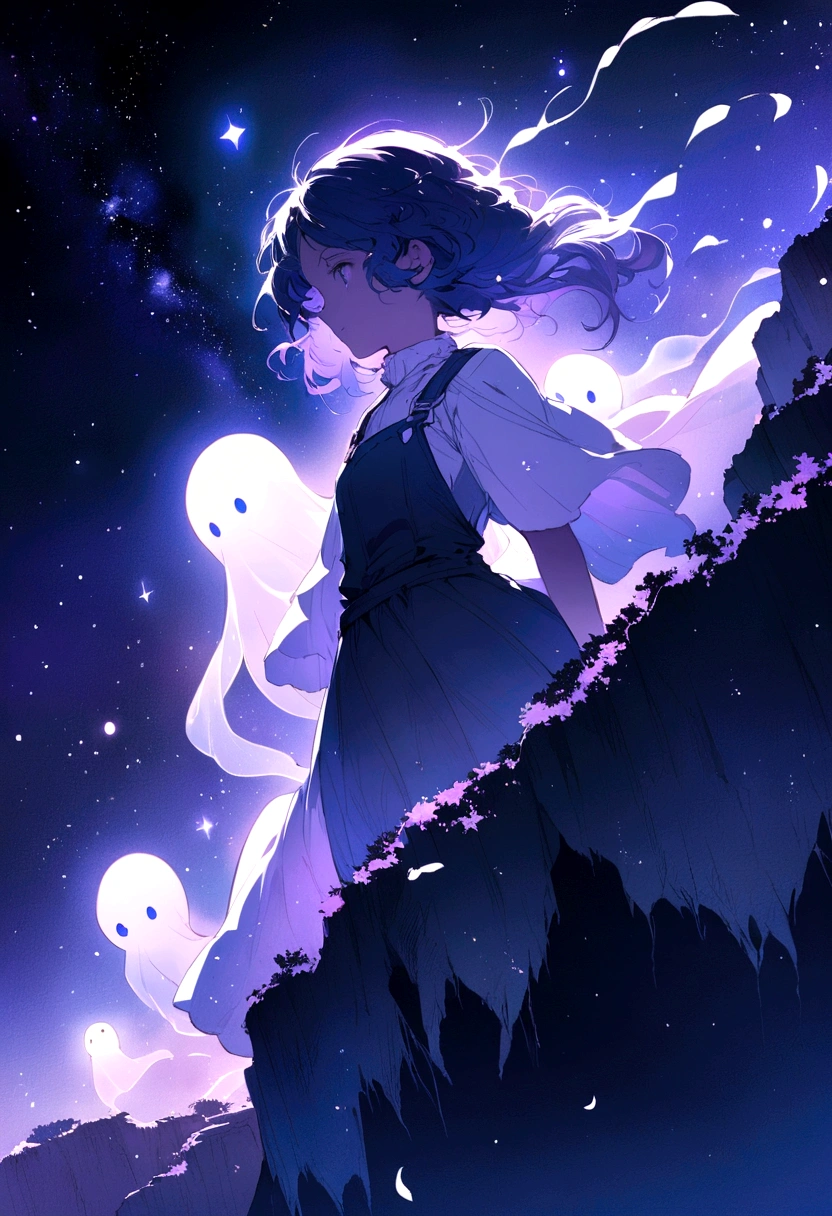 Anime-style illustration of an ethereal and mysterious scene. A young protagonist, with a look of determination and wonder, stands at the edge of a cliff overlooking an endless, starry sky. Ghostly, translucent figures float in the air, representing the intangible nature of dreams and aspirations. Soft, glowing light emanates from the stars and the figures, creating a mystical and serene atmosphere. The overall color palette should be a blend of dark blues, purples, and soft whites, capturing the beauty and enigma of the unknown.