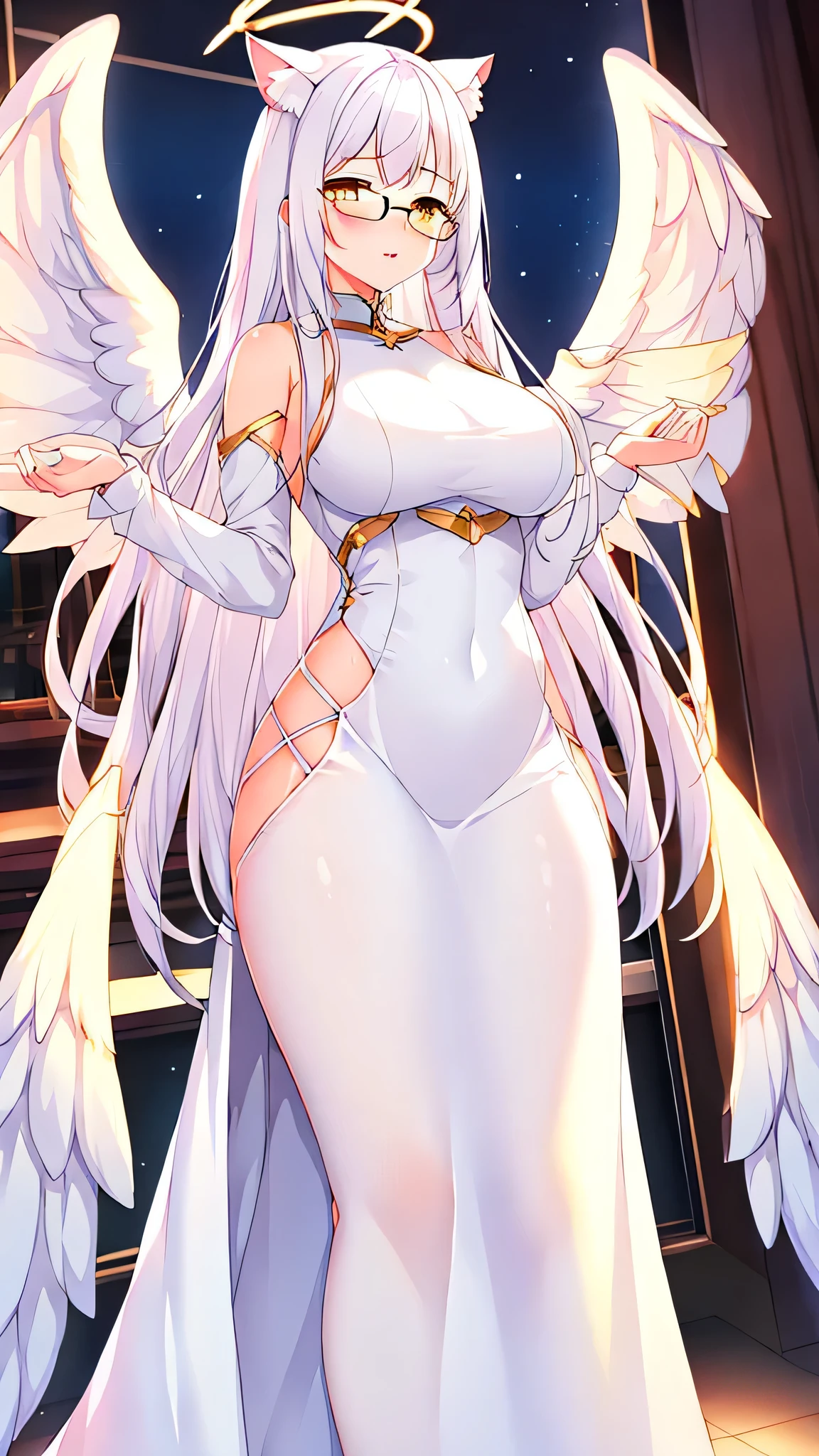 An 18 year old female angel with long, white hair, yellow eyes, white cat ears, and large white angel wings. yellow halo ring round white glasses (White evening dress, sexy long skirt) hand touching lips, standing