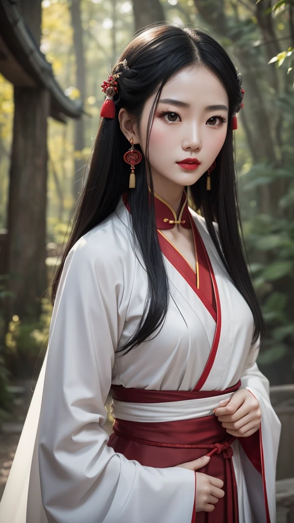 Chinese beauty, natural white skin, sexy top, long black hair and red lipstick, wearing gorgeous Hanfu and dark gray earrings, Chinese martial arts movie style, two hands tied up looking at others behind her, still image, film grain, film light, Fujifilm D55, lens: 50mm f/1.8. --ar 3:4 --style raw --stylize 250 --iw 0.5. sexy.