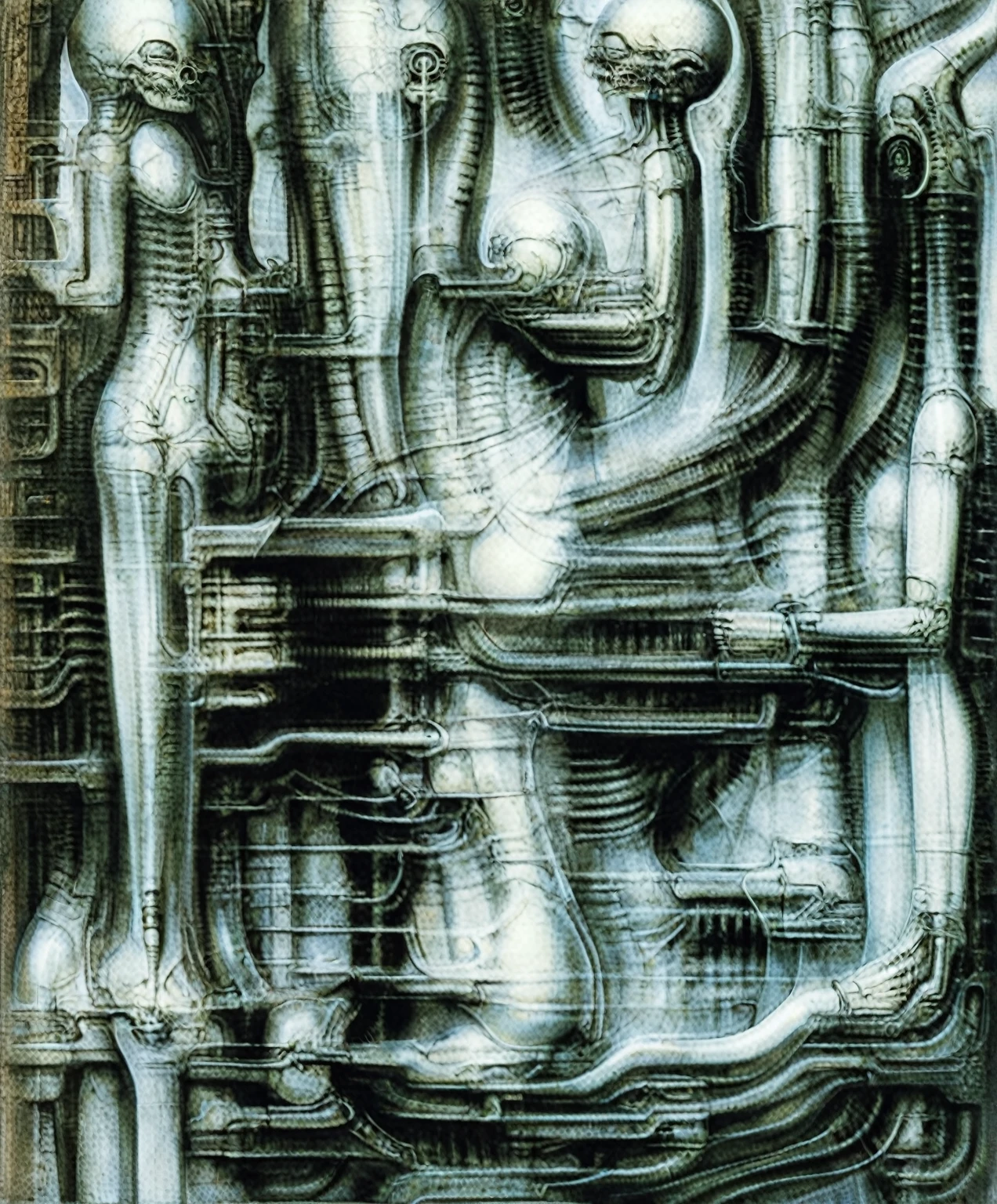 g1g3r, Giger_style, The image is a detailed view of H.R. Giger's \" Li II \" plate, featuring a complex network of bones and organs in a purple-brown hue ,swirling gray and brown colorsgroup of three alien figures positioned in the foreground.  Emaciated and skeletal, with hollow eyes, they appear to be constructed from bone and  metallic  elements,  a  characteristic  fusion  of  organic  and  mechanical  forms  found  in  Giger's  biomechanical  art.  
 The image features a robotic humanoid figure with intricate mechanical details, standing in a room with a glowing screen displaying the word \"EVE\" and a hand reaching out to touch its face.  The background is a dark and  limited  space  painted  in  a  uniform  blue-green color.  This  lack  of  detail  keeps  the  focus  on  the  figures  and  creates  a  sense  of  mystery  about  their  environment.  Receding into the distance  are  a  series  of  arches  and  tunnels  that  hint  at  a  larger  biomechanical  landscape,  possibly  the  work  of  the  creatures  themselves The artwork is silver and purplish brown, with an ivory bones prominently displayed. The image is highly detailed and intricate, almost like a 3d version of a medical diagram (detailed view of an anatomy model, possibly of a human body, with transparent organs and bones exposed). The piece has a thick mechano-organic texture and is covered in fine details. The image has a swirling, organic quality to it. The artistic manner would be unmistakably Gigeresque. A dark and unsettling beauty would permeate the piece, blurring the lines between fascination and repulsion , forever haunted by the grotesque allure. Giger's signature artistic manner would be evident in every stroke. The airbrush would be wielded with masterful precision to create a hyperrealistic yet nightmarish aesthetic.., ooze soaked pajama top
