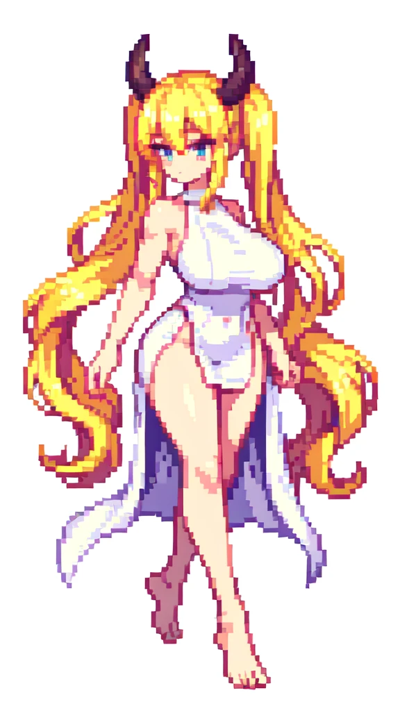 {{long legs}},devil,barefoot,{{lift one leg}},{{very muscular}},{{very gigantic breasts}} ,{{very curvy}} , ,masterpiece , best quality , pixel art , 1 girl ,{full body}, voluptuous ,twintails,blonde hair ,white dress,white background