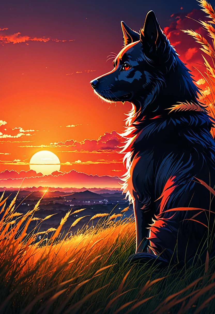 anime landscape of a dog sitting on a hill with tall grasses watching a hellish orange and red sunset, serene sky anime nature wallpapers, beautiful anime scene, beautiful anime peace scene, Makoto Shinkai Cyril Rolando, beautiful anime scene, amazing wallpaper, anime art wallpaper 8k, anime background, artistic anime background, anime wallpaper 4k, anime art 4k wallpaper, anime wallpaper art 4k,