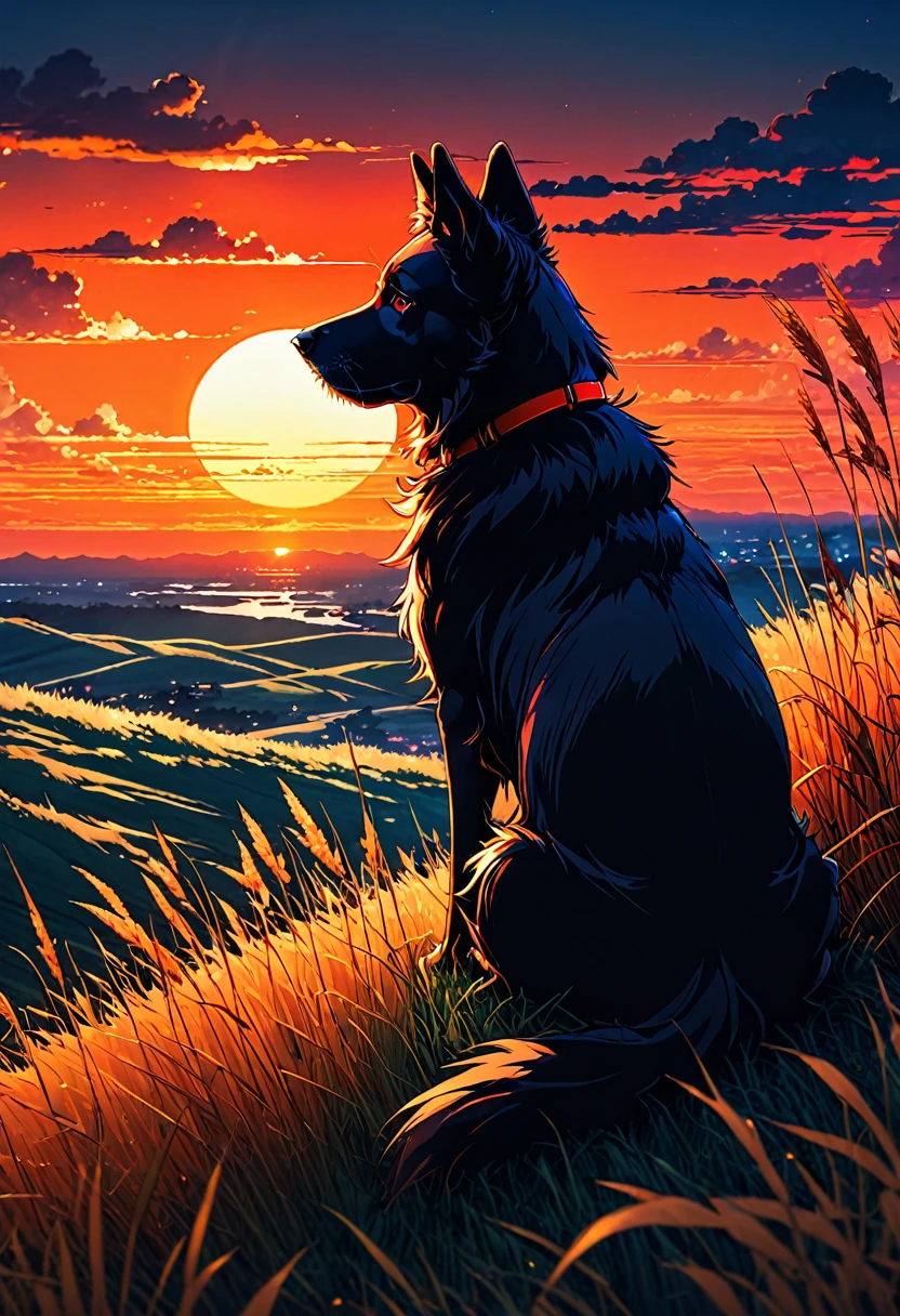 anime landscape of a dog sitting on a hill with tall grasses watching a hellish orange and red sunset, serene sky anime nature wallpapers, beautiful anime scene, beautiful anime peace scene, Makoto Shinkai Cyril Rolando, beautiful anime scene, amazing wallpaper, anime art wallpaper 8k, anime background, artistic anime background, anime wallpaper 4k, anime art 4k wallpaper, anime wallpaper art 4k,