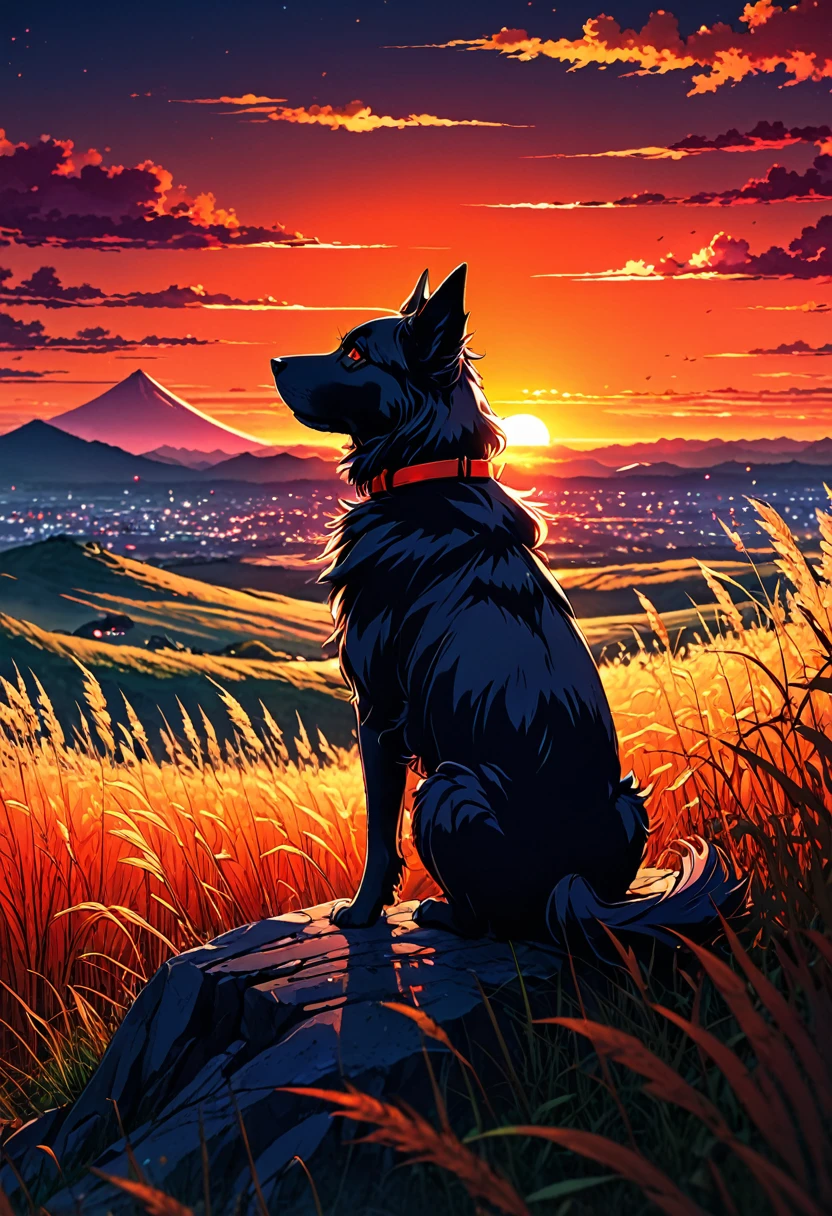 anime landscape of a dog sitting on a hill with tall grasses watching a hellish orange and red sunset, serene sky anime nature wallpapers, beautiful anime scene, beautiful anime peace scene, Makoto Shinkai Cyril Rolando, beautiful anime scene, amazing wallpaper, anime art wallpaper 8k, anime background, artistic anime background, anime wallpaper 4k, anime art 4k wallpaper, anime wallpaper art 4k,