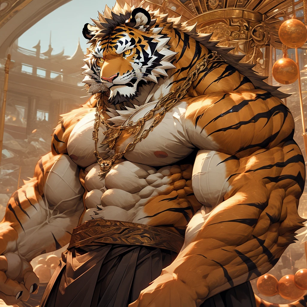 Sagittarius Tiger, Topless, Muscular and hairy, majestic （Golden Eyes）The majestic and serious face, Carefully hung Buddhist beads, Huge muscles, ripped abs, Tiger in the Heavenly Palace